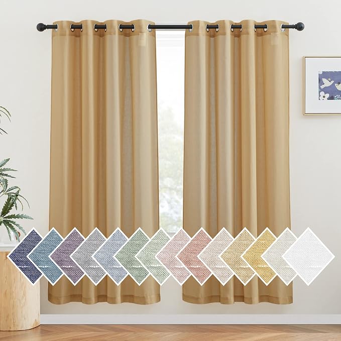 NICETOWN Linen Blend Flax Sheer Window Curtains & Drapes, Grommet Semi Sheer Curtains Privacy with Light Through for Bedroom/Living Room, Desert Yellow, W52 x L72, 2 Pieces