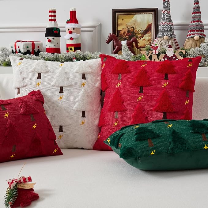 UGASA Star Christmas Decorative Pillow Covers 18x18 Inch Set of 2 Soft Plush Faux Fur Jacquard Throw Pillows Pillowcases for Couch Sofa Holiday Festivals Winter Home Decor, Beige
