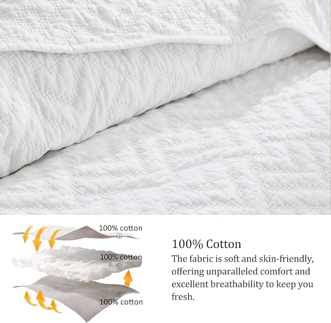 palassio White 100% Cotton Quilt King Size Bedding Sets with 2 Pillow Shams, Lightweight Textured Farmhouse Country Bedspread Soft Shabby Chic Patterned Coverlet for All Season, 3 Pieces