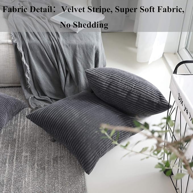 Home Brilliant Set of 2 Soft Striped Velvet Decorative Pillows Covers 16x16 inch, Cushion Covers for Couch 40x40cm, 16 x 16 Inch, Dark Grey