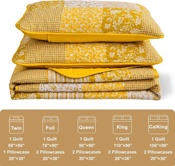 Mybedsoul Yellow Boho Quilt Set Full Size, Patchwork Quilt Bedding Set | 3 Pieces Plaid Floral Bedspread Coverlet Set for All Seasons, Soft Lightweight Patchwork Reversible Bedding Set 78"×90"