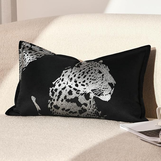 Velvet Lumbar Pillow Covers 12x20'' inches, Handmade Embroidered Cheetah Face Throw Pillow Case, Luxury Soft Decorative Cushion Cover for Sofa Bed Couch Living Room(Silver)