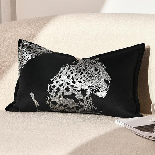 Velvet Lumbar Pillow Covers 12x20'' inches, Handmade Embroidered Cheetah Face Throw Pillow Case, Luxury Soft Decorative Cushion Cover for Sofa Bed Couch Living Room(Silver)