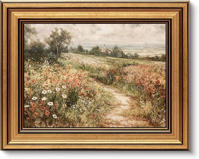 Vintage Gold Framed Wall Art Country Wildflower Field Wall Decor Picture Farmhouse Nature Rustic Cottagecore Landscape Poster Print for Gallery Living Room Bedroom Home Decoration 9x11in