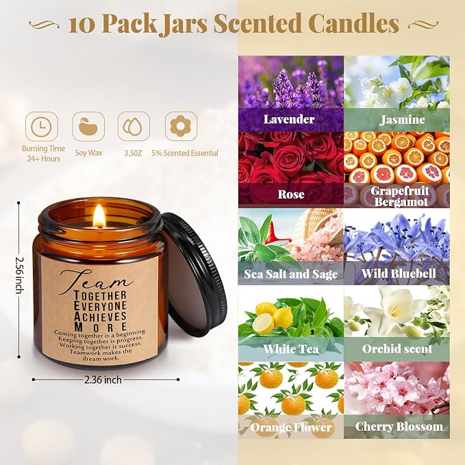 Fumete 10 Pcs Employee Appreciation Gifts Jars Scented Soy Candles 3.5 oz Inspirational Candles Team Thank You Gifts for Nurse Back to School Coworker Volunteers Teachers Group(Amber, Team)