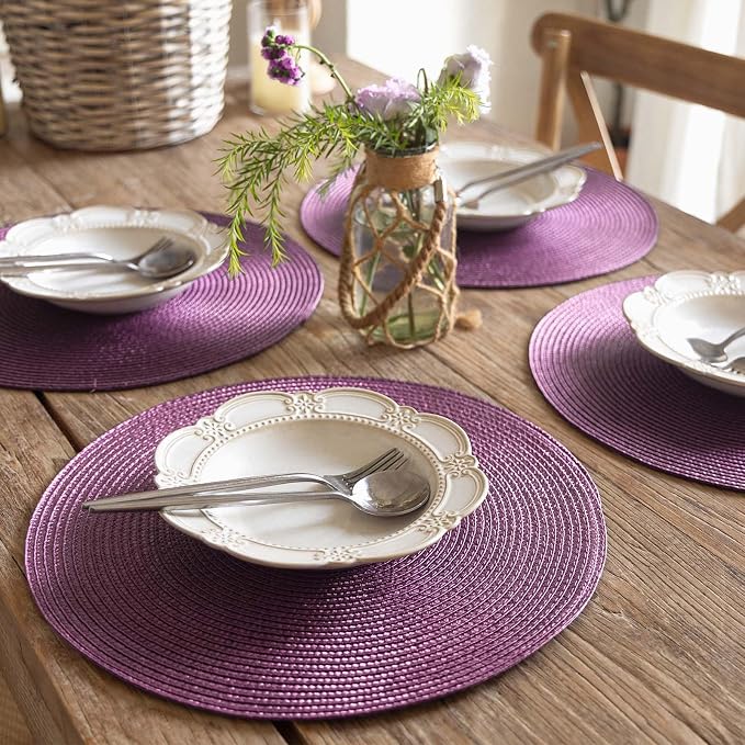 FunWheat Round Braided Placemats Set of 6 Table Mats for Dining Tables Woven Washable Non-Slip Place mats 15 inch(Purple, 6pcs)