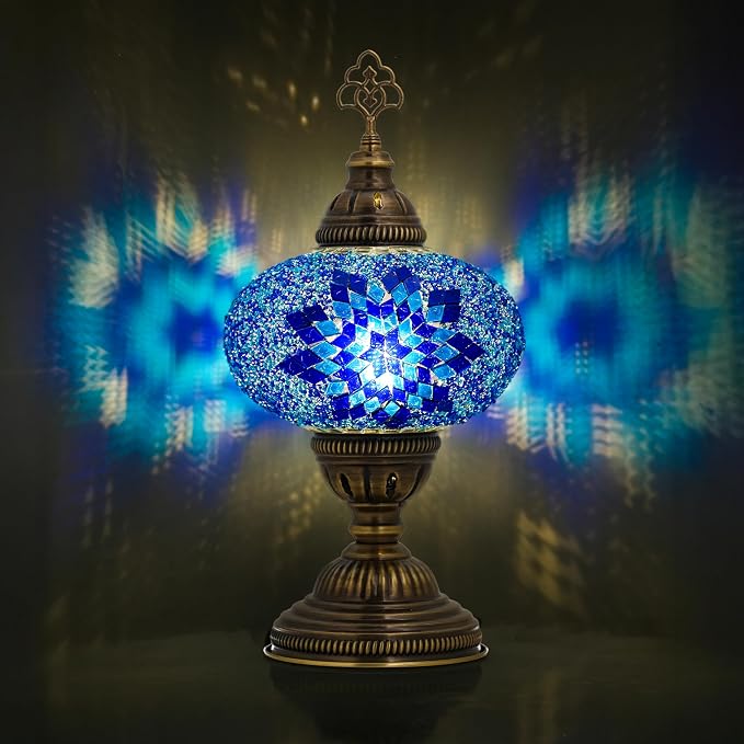 Turkish Lamp, Mosaic Table Lamp, Antique Moroccan Decorative Glass Bohemian Vintage Lamp Shade, Small Desk Tiffany Bedside Stained Glass Lamp with US Plug and E12 Socket