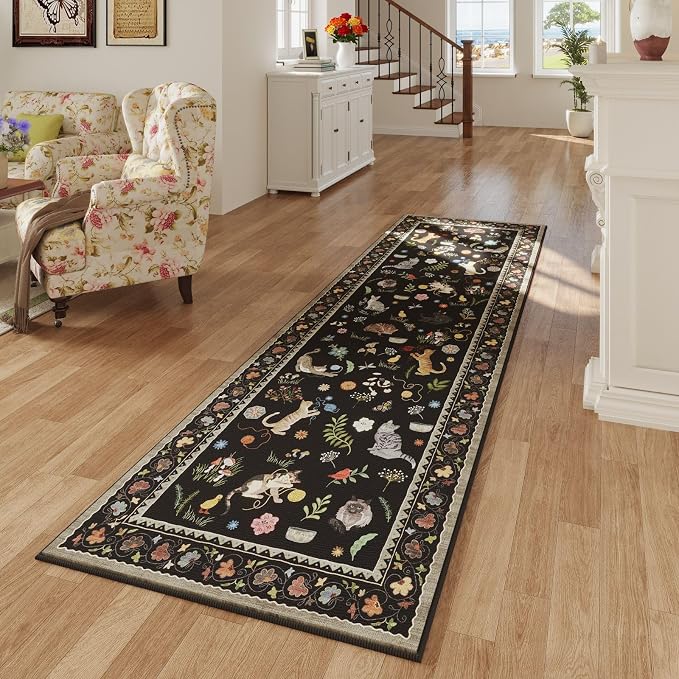 Rugcomf Runner Rug for Kitchen Non Slip 2'6''x8' Washable Rugs with Rubber Backing Soft Floral Animal Cat Carpet Runner for Kitchen Laundry Bedroom Bathroom, Black
