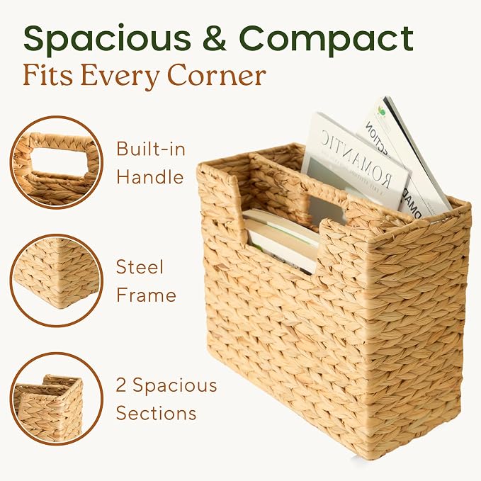 Chi An Home Wicker Magazine Basket Water Hyacinth Handwoven Magazine Holder | Decorative Handwoven Magazine Rack Floor, Organizer for Files, Books, Newspapers, Documents For Office, Living Room, Bathroom