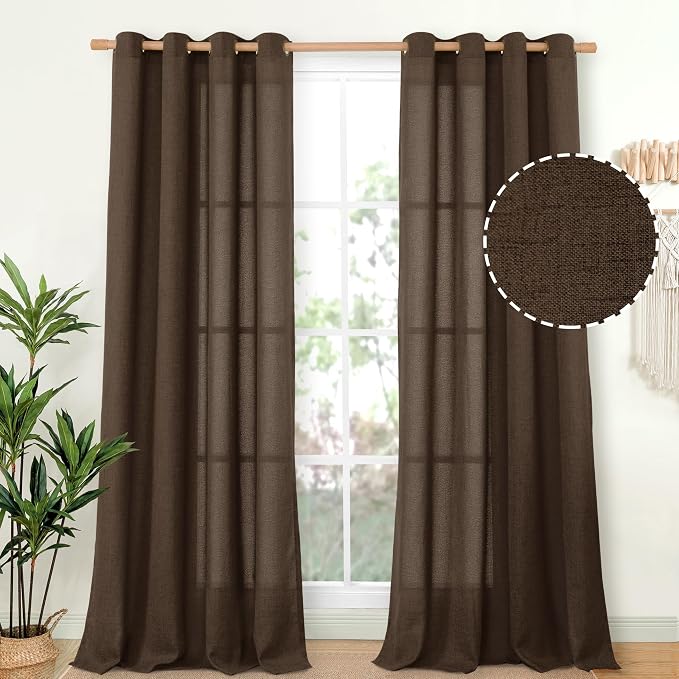 YoungsTex Brown Linen Curtains 95 Inches Long 2 Panels for Living Room, Chocolate Semi Sheer Drapes with Bronze Grommet Light Filtering Floor Length for Bedroom Dining Room Farmhouse, 52 x 95 Inch