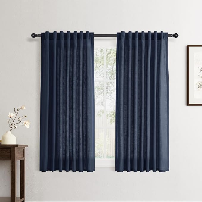 Jowels Navy Linen Curtains 54 Inch Long 2 Panels for Living Room | Navy Blue Light Filtering Semi Sheer Curtain,Back Tab Pocket Pleated Look,Boho Textured Privacy Drapes for Bedroom Window