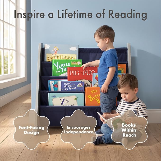 Humble Crew Kids Bookshelf, Montessori Front Facing Toddler Bookcase 4 Tier | Book display rack and reading nook organizer, nylon pockets show covers face out, compact for any playroom or bedroom space