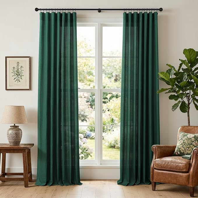 Dark Green Curtains 96 Inches Long for Living Room Dining 2 Panels Set Pocket Back Tab Forest Drape Semi Privacy Emerald Hunter Green Linen Curtains for Bedroom Bay Window Farmhouse Vintage Decor 8 FT