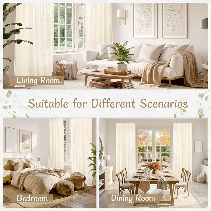Beige Linen Semi Sheer Curtains 96 inches Long, 52 x 96 Inch | Light Filtering, Living Room Curtains, Floor to Ceiling Drapes for Bedroom, Sliding Glass Door, Back Tab Rod Pocket, 2 Panels