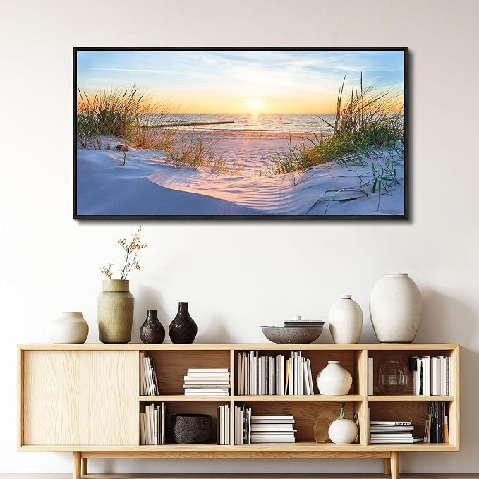 MHARTK66 Canvas Wall Art For Living Room Large Wall Decor For Office Bedroom Poster Art Prints Sun Seascape Wall Painting Blue Ocean Pictures Artwork For Walls Black Wood Framed 24" X 48"