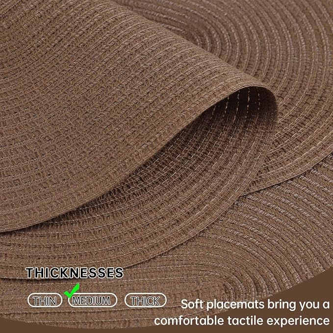 Placemats Set of 6, Woven Oval Braided Dining Table Mats(Chocolate Brown) | 12 x 17.5 Inch Size Fits Plates and Flatware; Hand Washable and Heat Resistant for Kitchen Use, with Farmhouse and Boho Style