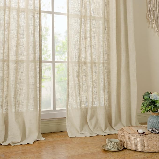 Light Filtering Linen Curtains 84 inches Long for Bedroom 2 Panels | Faux Linen Textured, Semi Sheer, Burlap Modern, Drapes for Living Room, Farmhouse, Rod Pocket Back Tab, Linen, 38 x 84 Inch