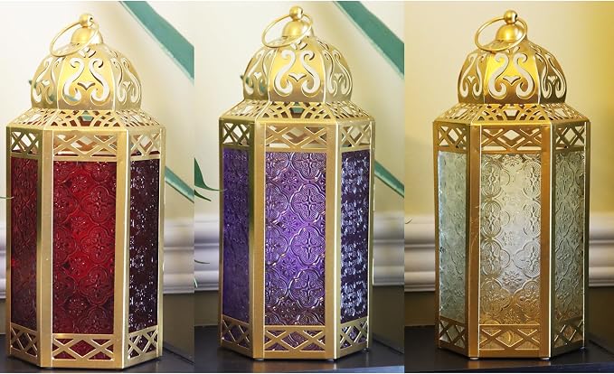 VELA LANTERNS 12" Gold Metal Moroccan Decorative Candle Lantern Holder for Hanging or Table Centerpieces, Exotic Indoor Home Decor, Outdoor Patio or Porch, Weddings, Ramadan, Assorted, Large, 6-Pack