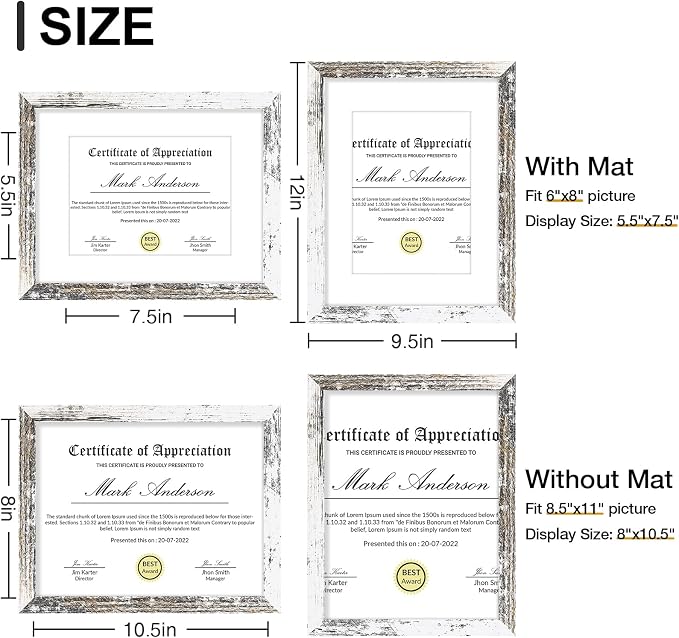 Vittanly 8.5x11 Picture Frames Set of 9, Wall & Tabletop, Distressed White | Certificate Frame Display Pictures 6x8 with Mat or 8.5x11 without Mat, Diploma Document Degree Frames, Engineered Wood