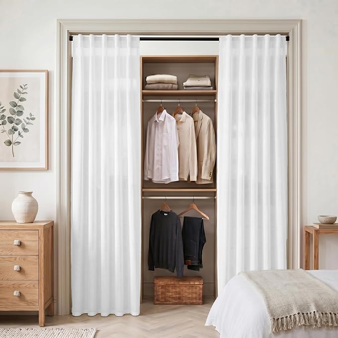 XTMYI Doorway Curtains Privacy Room Divider for Room Seperation,Sheer Faux Linen Accordion Sliding Closet Door Panels for Doors,80 Inches Long,Pure White