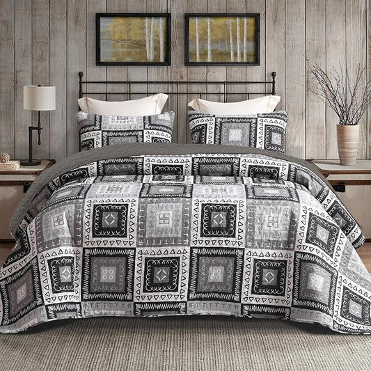 Exclusivo Mezcla Reversible Boho Quilt King Size Black | Lightweight Soft Bedspreads, All Season Patchwork Coverlet Bedding Set, Printed Floral Pattern, 1 Quilt and 2 Pillow Shams