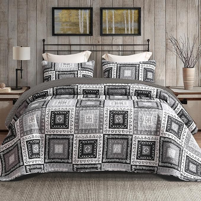 Exclusivo Mezcla Reversible Boho Quilts Full Size Black | Lightweight Soft Bedspreads, All Season Patchwork Coverlet Bedding Set, Printed Floral Pattern, 1 Quilt and 2 Pillow Shams