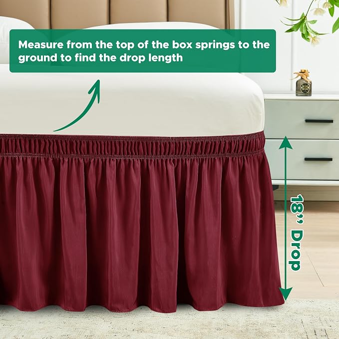 Wrap Around Bed Skirt Dorm Twin & Twin XL 18" Drop-Elastic Dust Ruffle | Adjustable Pleated Bedskirt-Easy Fit Wrinkle Resistant-Washable Hotel Quality-College Dorm Apartment Guest Bedroom Burgundy