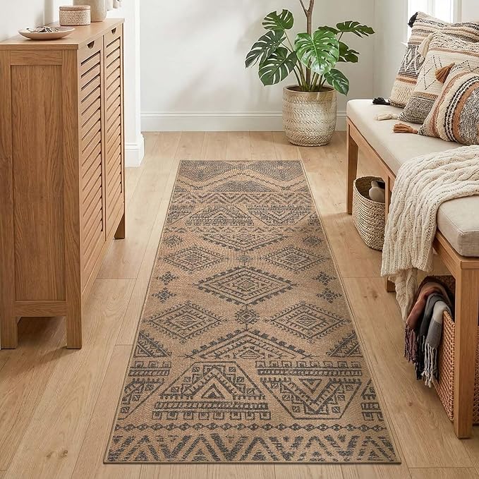 jinchan 2x6 Faux Jute Runner Rug Washable Boho Hallway Rug Natural Charcoal | Southwestern Geometric, Non-Slip Low Pile, Indoor Outdoor, High-Traffic, Kitchen, Bathroom, Laundry, Porch, Balcony, Entryway