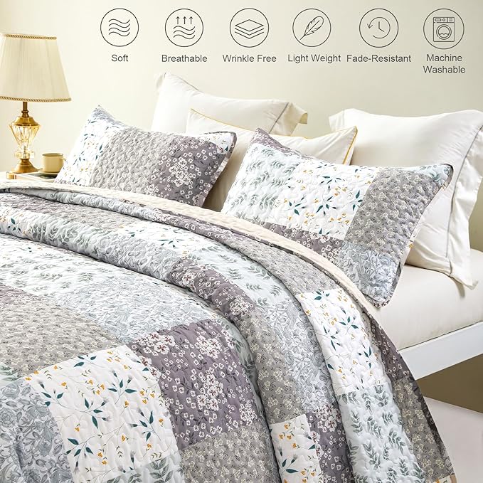Whale Flotilla Patchwork Quilts Twin Size, Extra Soft Floral Bedspreads | Grey Reversible Lightweight Twin Quilt Bedding Set for Bed, Printed Coverlets with 1 Pillow Sham for All Seasons