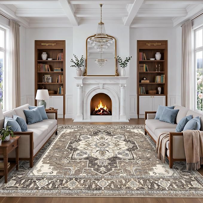 8x8 Area Rug Square for Living Room: Large Non-Slip Washable Rugs for Bedroom Dining Room Vintage Soft Low Pile Carpet Thin Stain Resistant Indoor Floor Mat for Home Office Apartment (Beige,8x8)