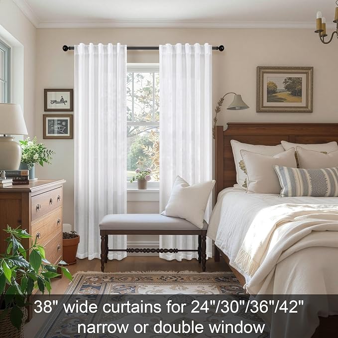 White Linen Curtains 38 Inch Wide for Bedroom 2 Panels Back Tab Rod Pocket Lightweight Flowy Cotton Textured Semi Sheer Boho Farmhouse Curtains for Living Room Classic Vintage Decor Width 38x84 Long