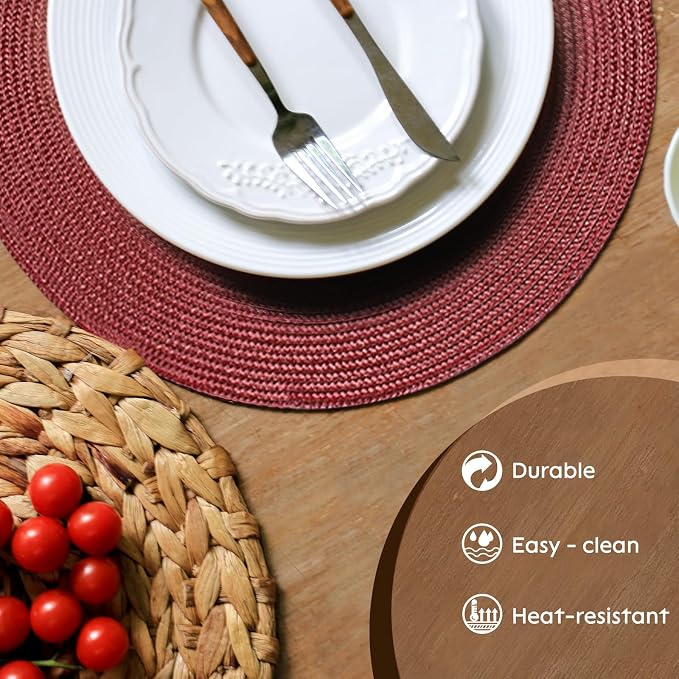 FunWheat Round Braided Placemats Set of 4 Table Mats for Dining Tables Woven Washable Non-Slip Place mats 15 inch(Wine,4pcs)