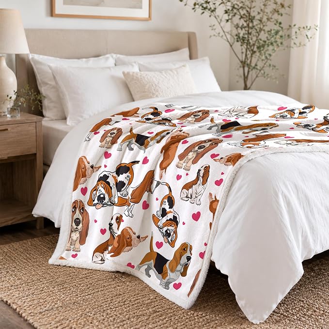 BlessLiving Throw Blanket, White Brown Dog Animal, 60x80 in | sherpa fleece fabric, Basset Hound Dense Pet Blankets Puppy print, for couch or sofa, pet lovers, easy machine care