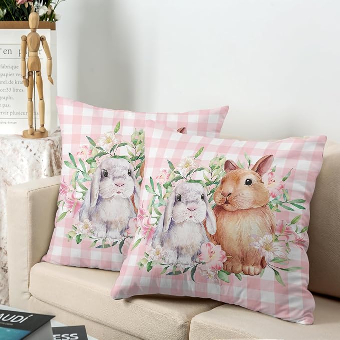 Spring Easter Pillow Covers 22x22 Pack of 2 Lovely Rabbit with Lily Flower Throw Pillow Covers Pink Plaid Bunny Pillow Case for Spring Easter Decoration Sofa Patio Garden