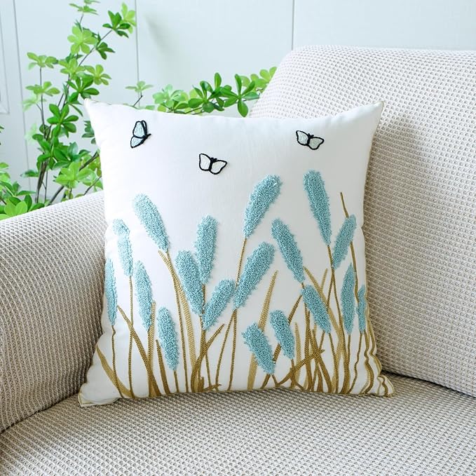 vctops Farmhouse Pampas Grass Cotton Tufted Throw Pillow Cover Boho Embroidery Pillowcase Soft Square Cushion Case for Sofa Couch Bed Chair (Blue C,18"x18")