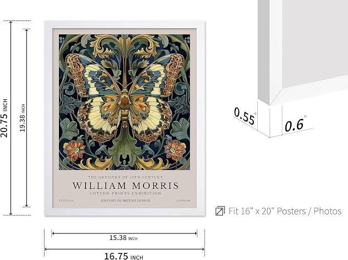Monem Art William Morris - Butterfly and Flowers Print - Botanical Artwork - Exhibition Art - Floral Design - Textile Illustration - Animal Art - Aesthetic Bedroom or Office Decor - 16x20 White Framed