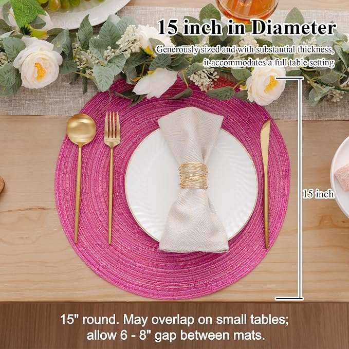 SHACOS Round Placemats Set of 8 Braided Cotton Polyester Table Placemat 15 inch Circle Place Mats for Kitchen Dining Table Holiday Party (Hot Pink, 8)