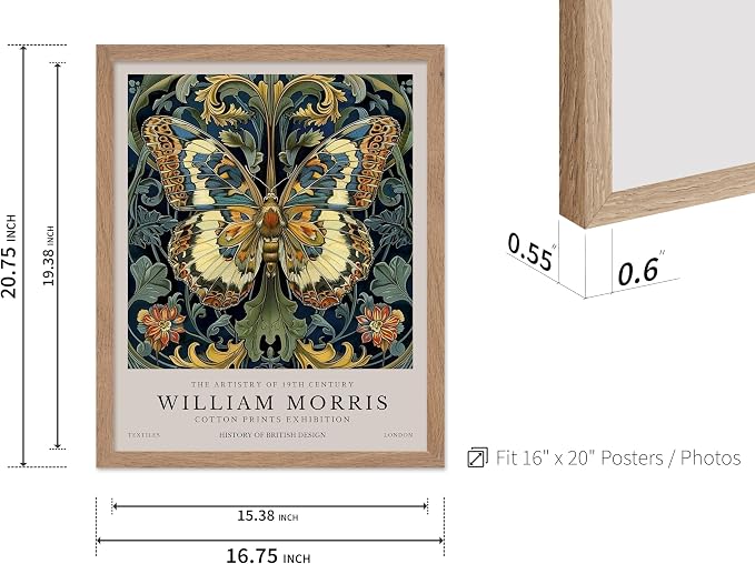 Monem Art William Morris - Butterfly and Flowers Print - Botanical Artwork - Exhibition Art - Floral Design - Textile Illustration - Animal Art - Aesthetic Bedroom or Office Decor - 16x20 Beige Framed