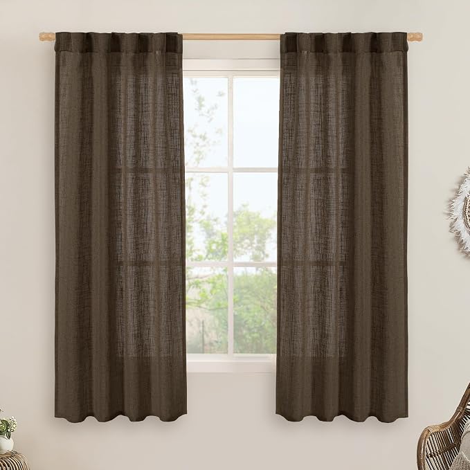 Linen Curtains 63 Inch Length 2 Panels for Bedroom Living Room | Light Filtering Panels, Semi Sheer Neutral Drapes for Window Treatment, Rod Pocket Back Tab, Dark Brown, 34 x 63 Inch