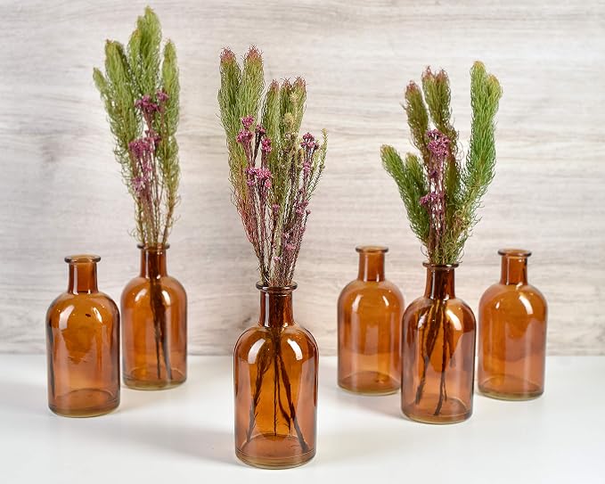 Serene Spaces Living Bud Vases, Apothecary Jars, Decorative Glass Bottles, Centerpiece for Wedding Reception, Mini Flower Vases, Small Medicine Bottles for Home Decor (Amber, Set of 48)
