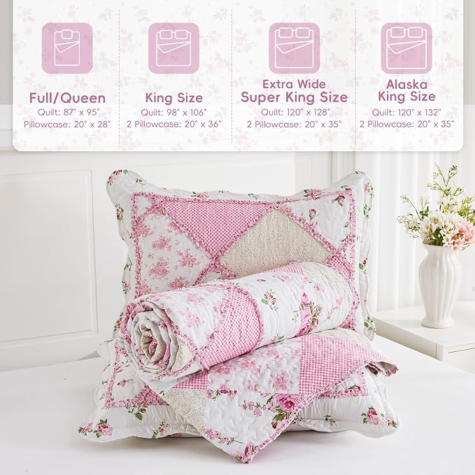 Oversized King Size Quilt Set 128x120 Pink Floral Patchwork Bedspreads Set | 3-Piece Extra Wide Super King Size Bedding Set Rversible Quilted Coverlet Lightweight Comforter Bed Cover with 2 Pillowcases