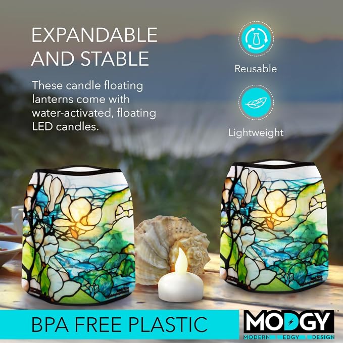 MODGY Luminary Lanterns Candle Holder Decorative Indoor Outdoor Decor, Plastic Candle Lantern Lamps for Wedding Table Centerpiece Porch 4-Pack, with Flameless Floating LED Candles Magnolia