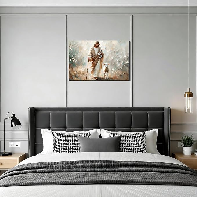 RIBNTAK Jesus and Sheep Christian Wall Art 16x24, Cozy Religion Canvas Prints Picture Posters for Bedroom Wall Decor Artwork Painting for Living Room,Bathroom, Office Classic Home Decor