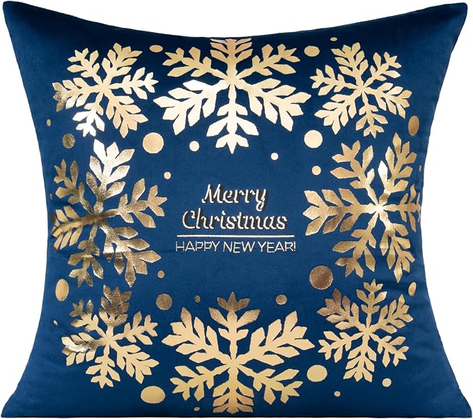 All Smiles Navy Bule Gold Christmas Decorations Throw Pillow Covers Cases 16X16 Set of 4 Winter Xmas Indoor Home Holiday Décor Ornaments Velvet Navidad Cushion for Sofa Tree Snowflake Reindeer