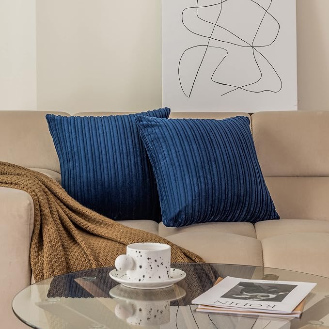 Kevin Textile Striped Corduroy 26”x26” Pillow Covers 2 Pack, Navy Blue