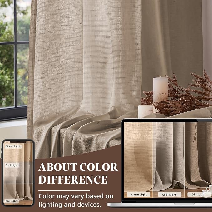 jinchan Linen Curtains Light Filtering Back Tab 100x108 Inch 1 Panel Taupe | Semi Sheer Curtains 108 inch length for Bedroom Living Room, Modern Farmhouse Drapes with Rod Pocket, Natural Boho Curtains