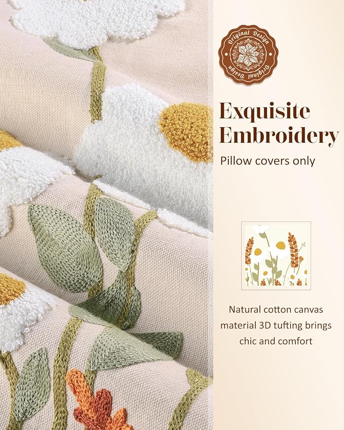 Wildflower Embroidered Throw Pillow Cover 18x18 Inch Fall Floral