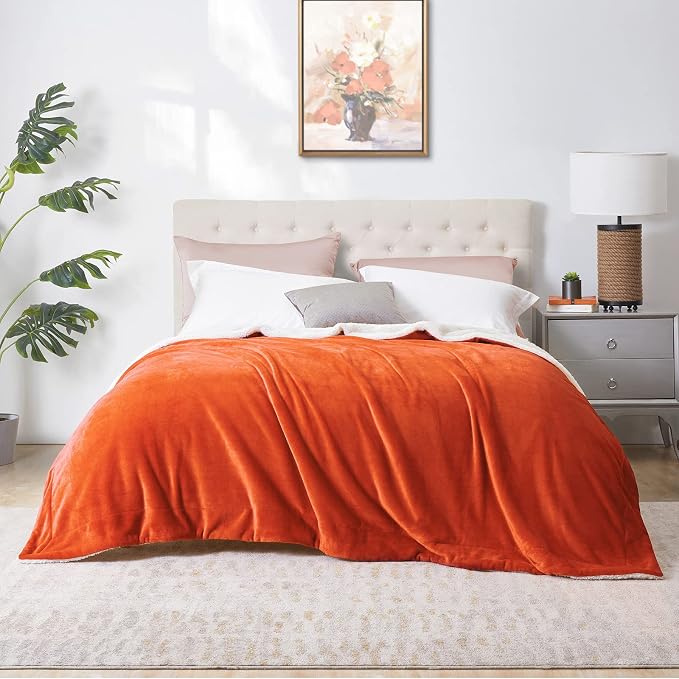 Walensee Sherpa Fleece Blanket (Throw Size 50”x60” Orange) Plush Throw Fuzzy Super Soft Reversible Microfiber Flannel Blankets for Couch, Bed, Sofa Ultra Luxurious Warm and Cozy for All Seasons