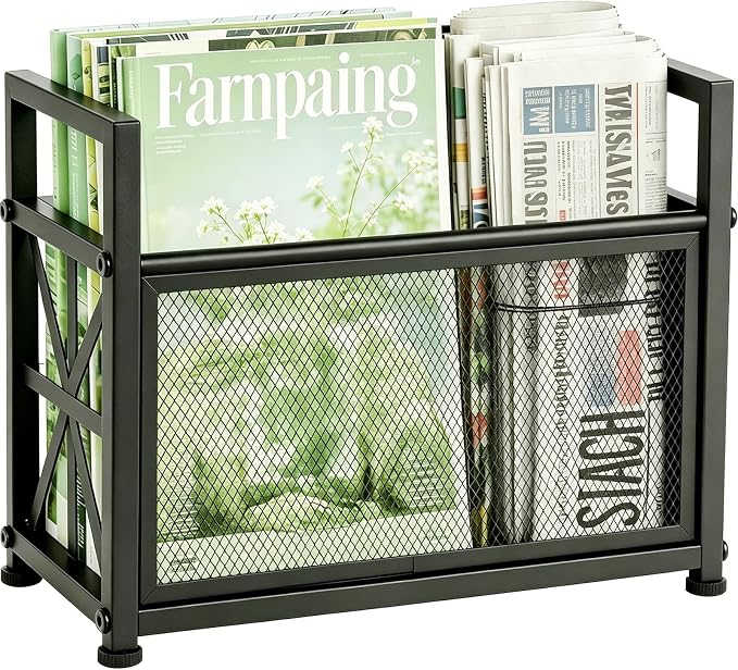 Large Magazine Rack Floor Stand, Metal Black Magazine Holder Floor,14" Mesh Magazine File Holder Storage Basket Shelf Box Bin Folder Organizer for Magazines, Books, Newspapers, Tablets