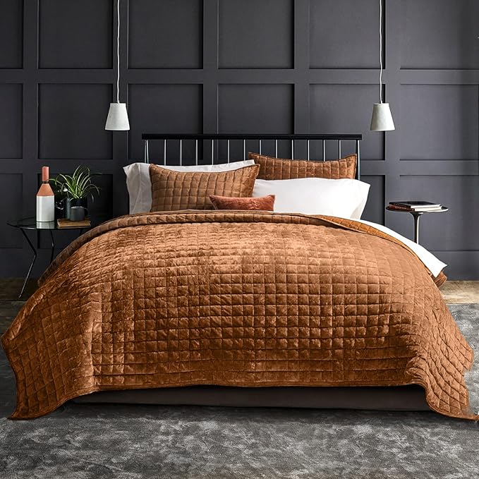 RECYCO Velvet Quilt Set, Oversized Cal King 118"x106", Rusty Burnt Orange | Channel Box Stitch Velvet Comforter Set, Ultra Soft Lightweight Bedspread Coverlet, All Season Bedding Set, with 2 Shams